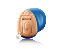 Blue and beige in-the-ear hearing aid.