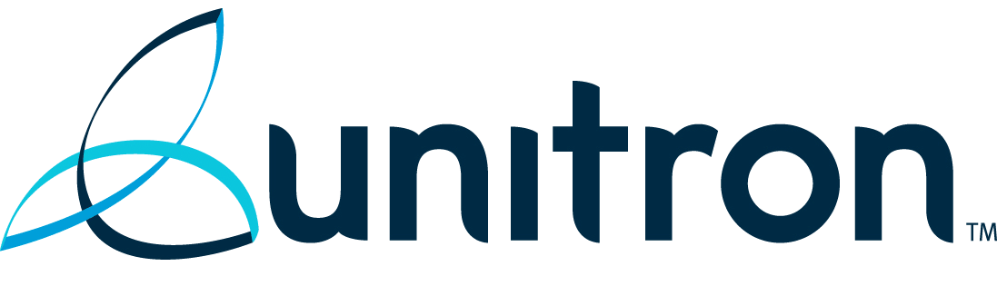 Unitron logo with abstract blue and teal swoosh design and dark blue text.