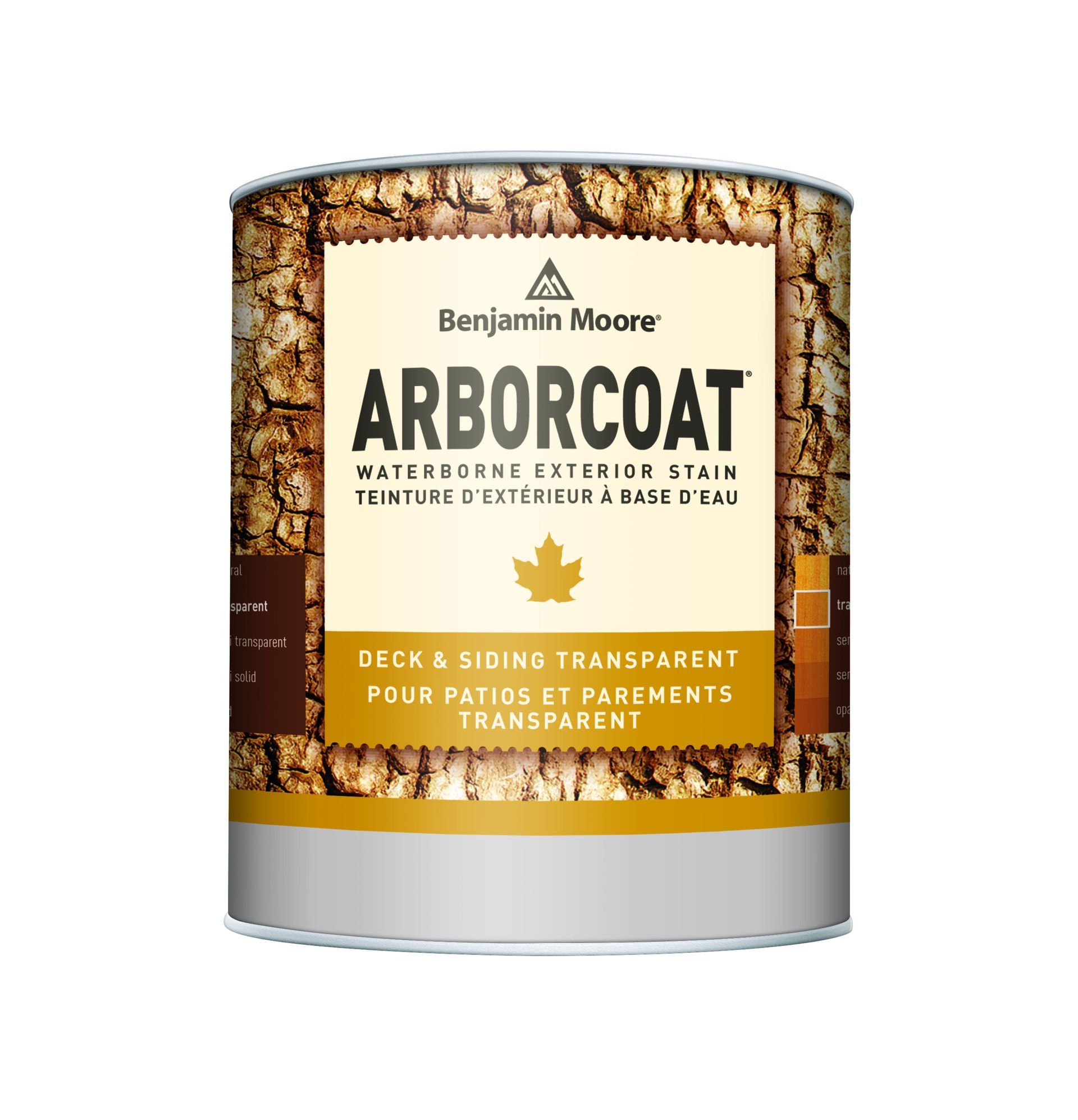 A can of benjamin moore arborcoat stain on a white background.