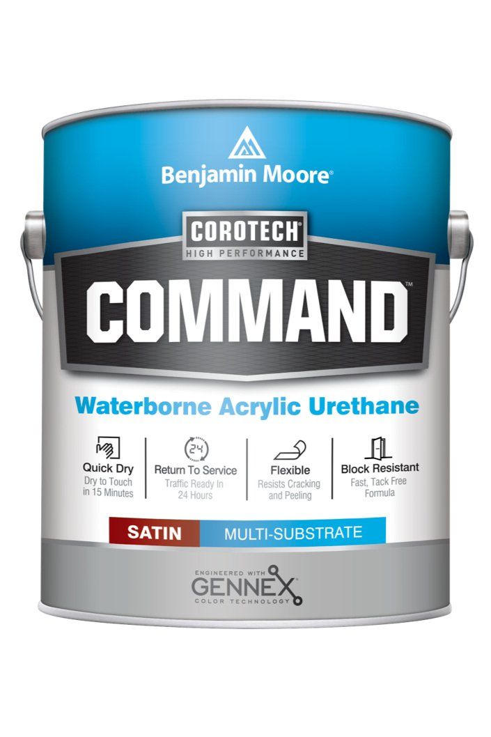 A can of benjamin moore command waterborne acrylic urethane paint.