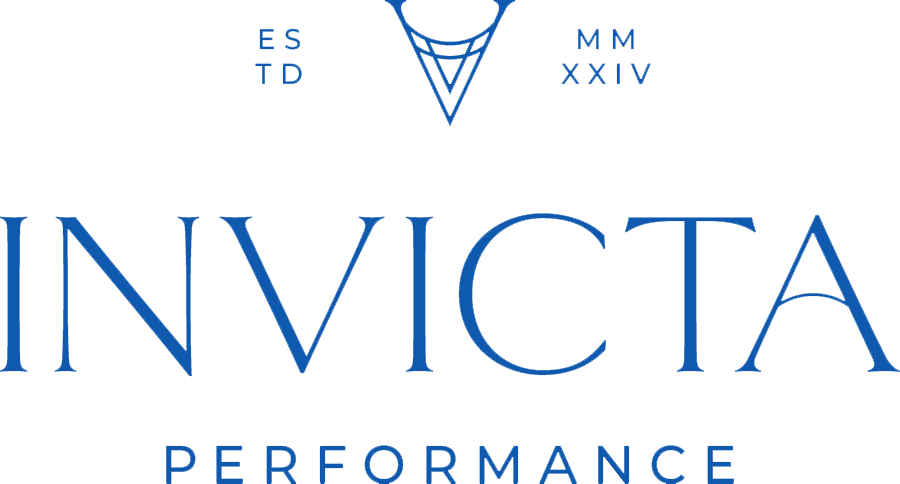 Logo for Invicta Performance featuring blue text and a geometric triangle icon with