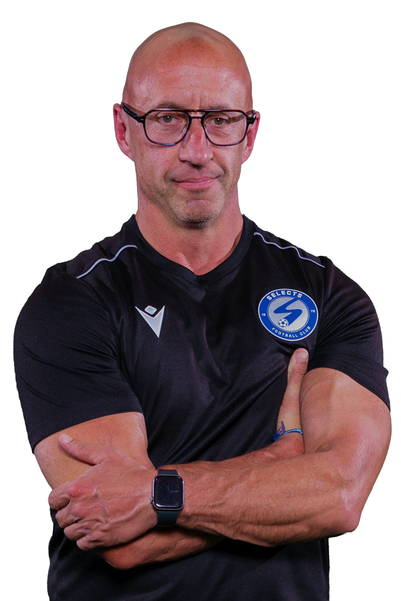 Man in glasses wearing a black sports shirt with arms crossed against a white background