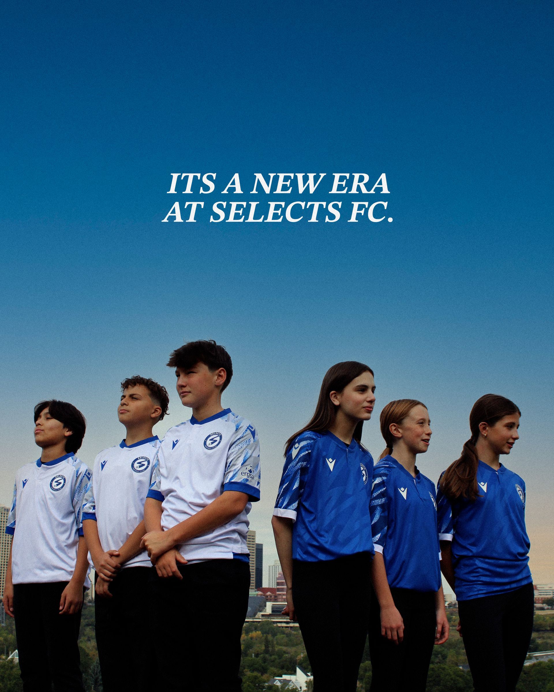 Six young soccer players stand together against a blue sky, wearing Selects FC uniforms. The text reads: 