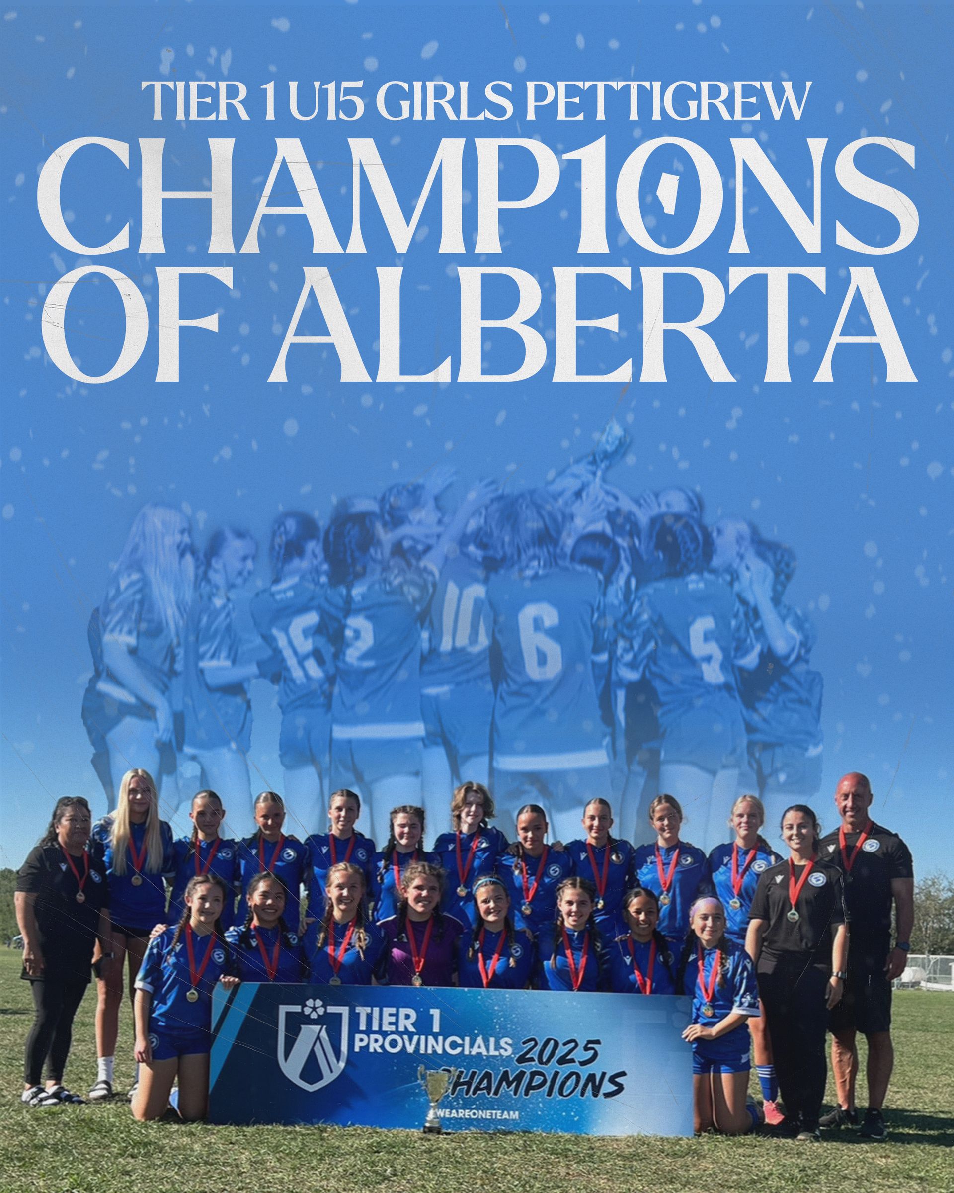 A soccer team in blue uniforms stands with a championship banner under the text 
