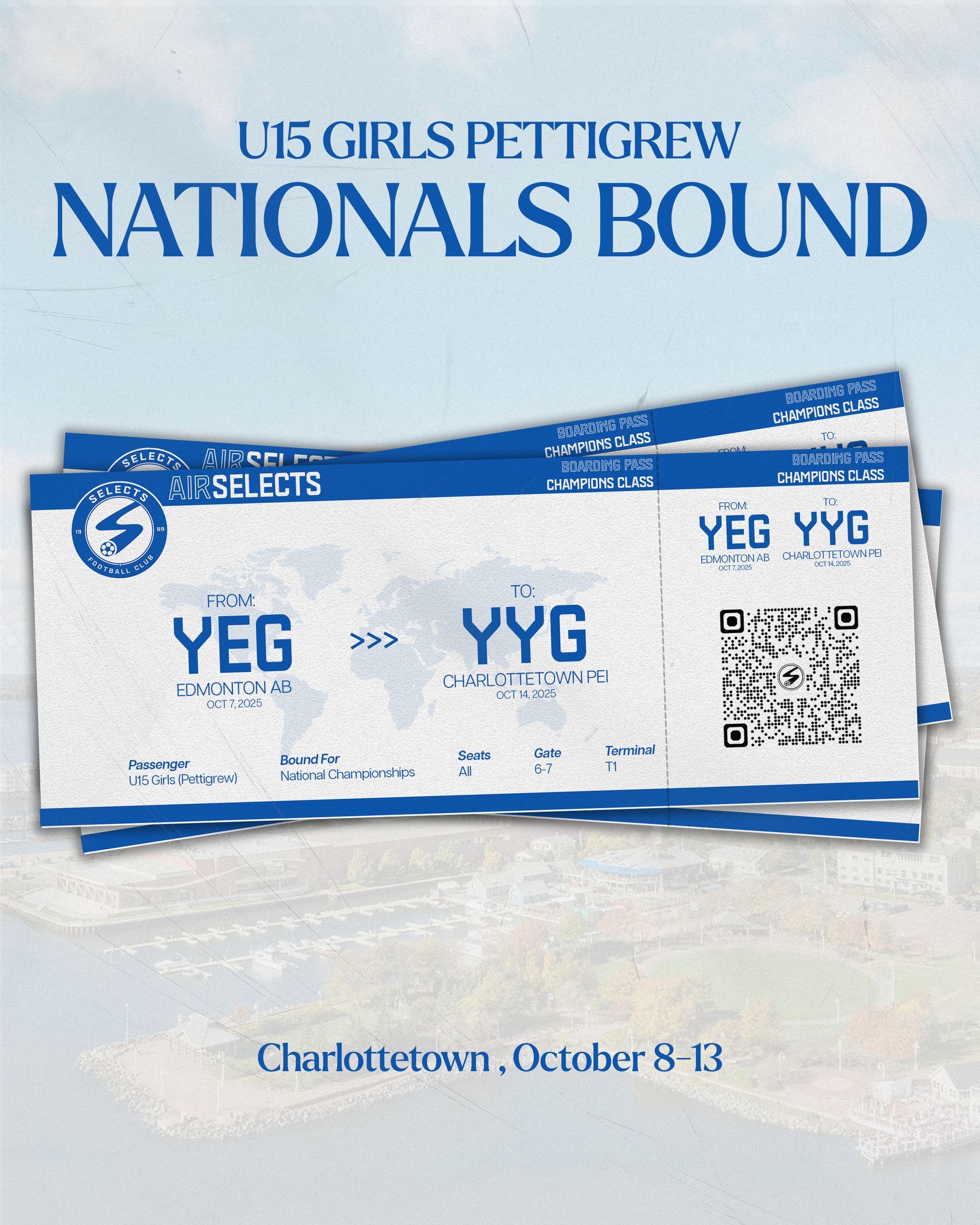 A flyer announcing a U15 Girls team is nationals bound in Charlottetown, October 8-13, featuring airline ticket graphics.