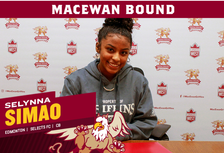 A girl sitting at a table with a sign that says macewan bound