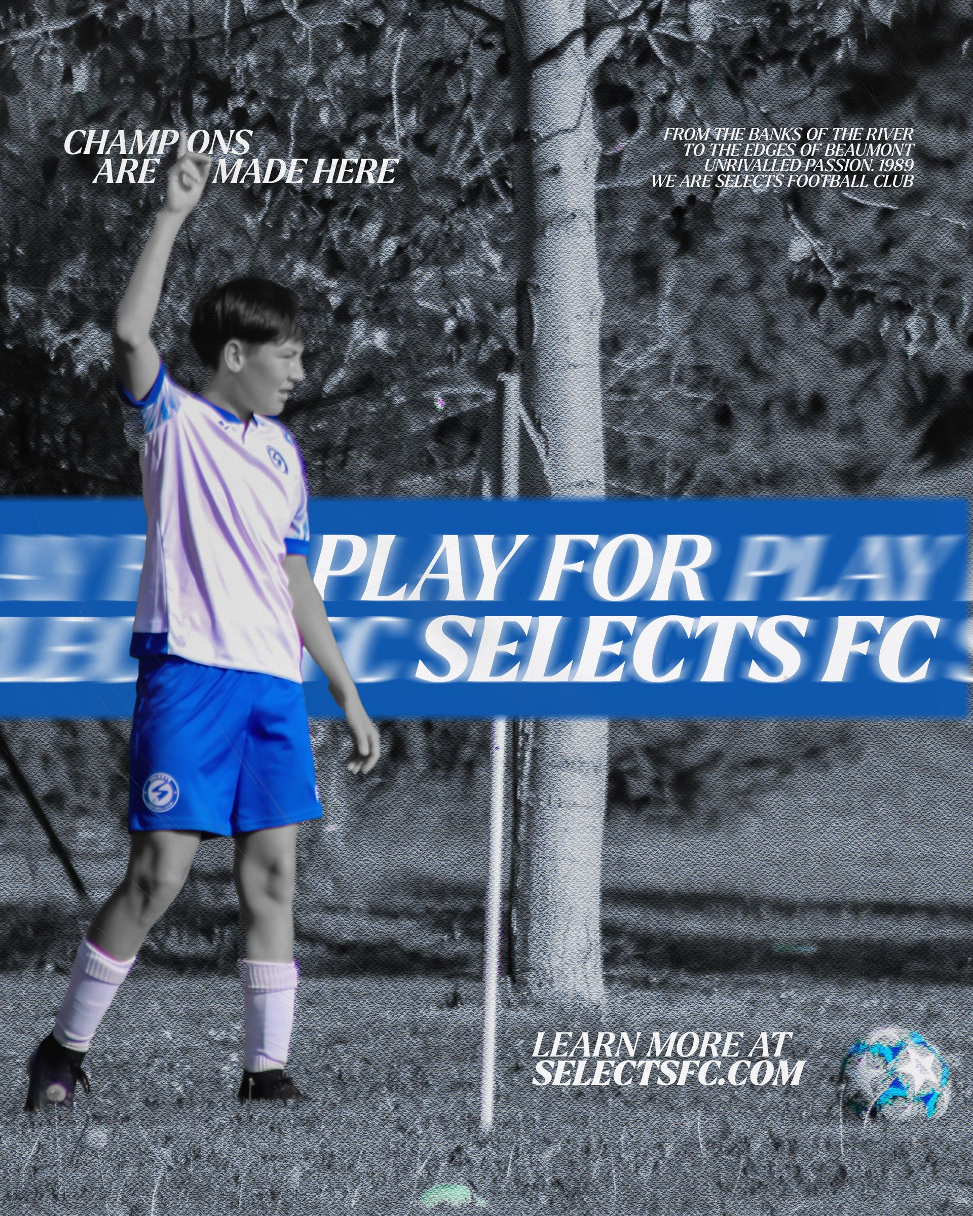 A soccer player in a pink jersey and blue shorts stands on a grassy field, pointing upward. Text reads 