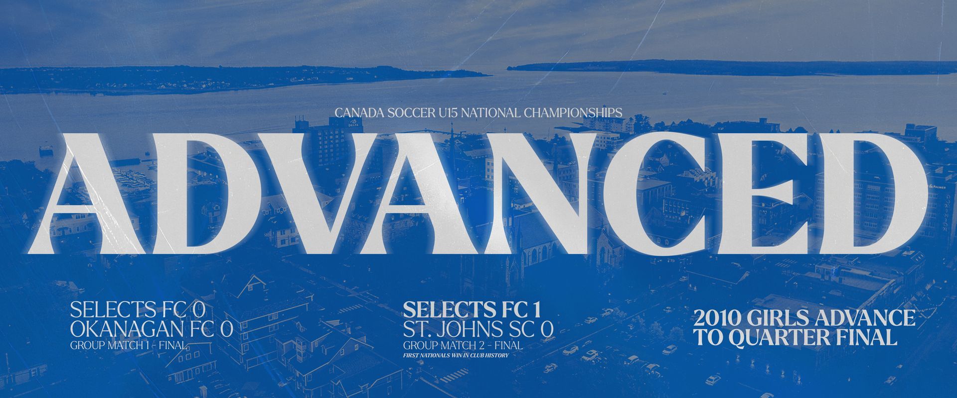 Graphic text on a blue background announcing Selects FC soccer teams' advancement to quarter-finals.