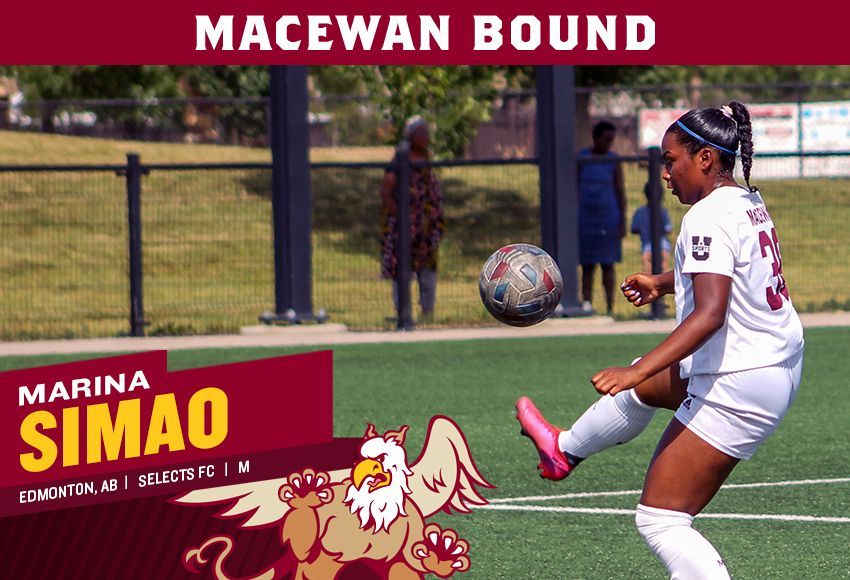 A woman is kicking a soccer ball on a field with a sign that says macewan bound