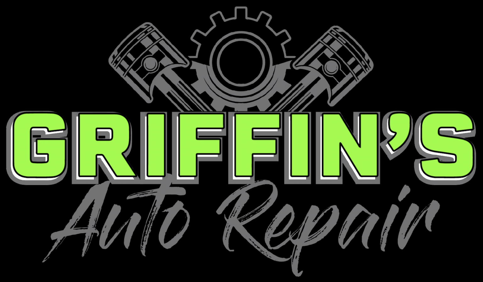 Griffin's Auto Repair logo with neon green text and gray engine graphics on a black background