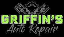 Griffin's Auto Repair logo with neon green text and gray engine graphics on a black background