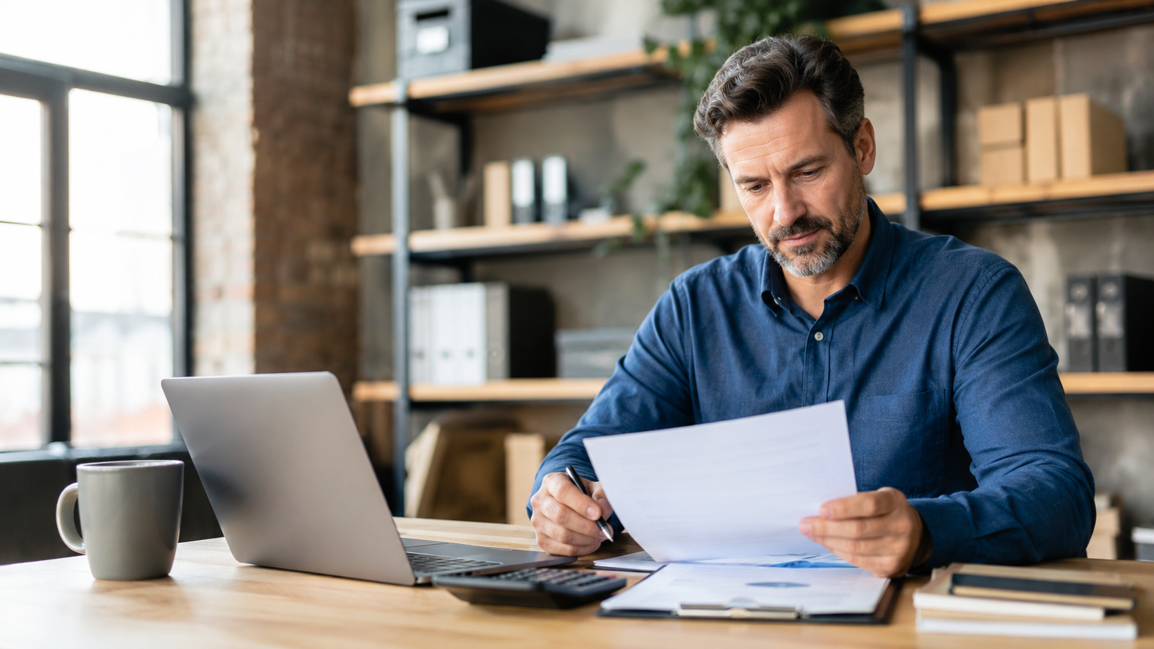 Business owner reviewing insurance documents and financial paperwork in a professional office