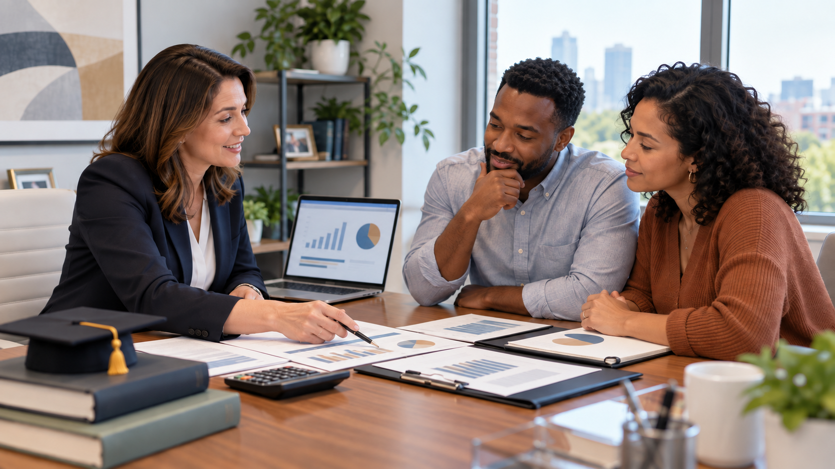 Financial advisor helping parents plan college education funding strategies
