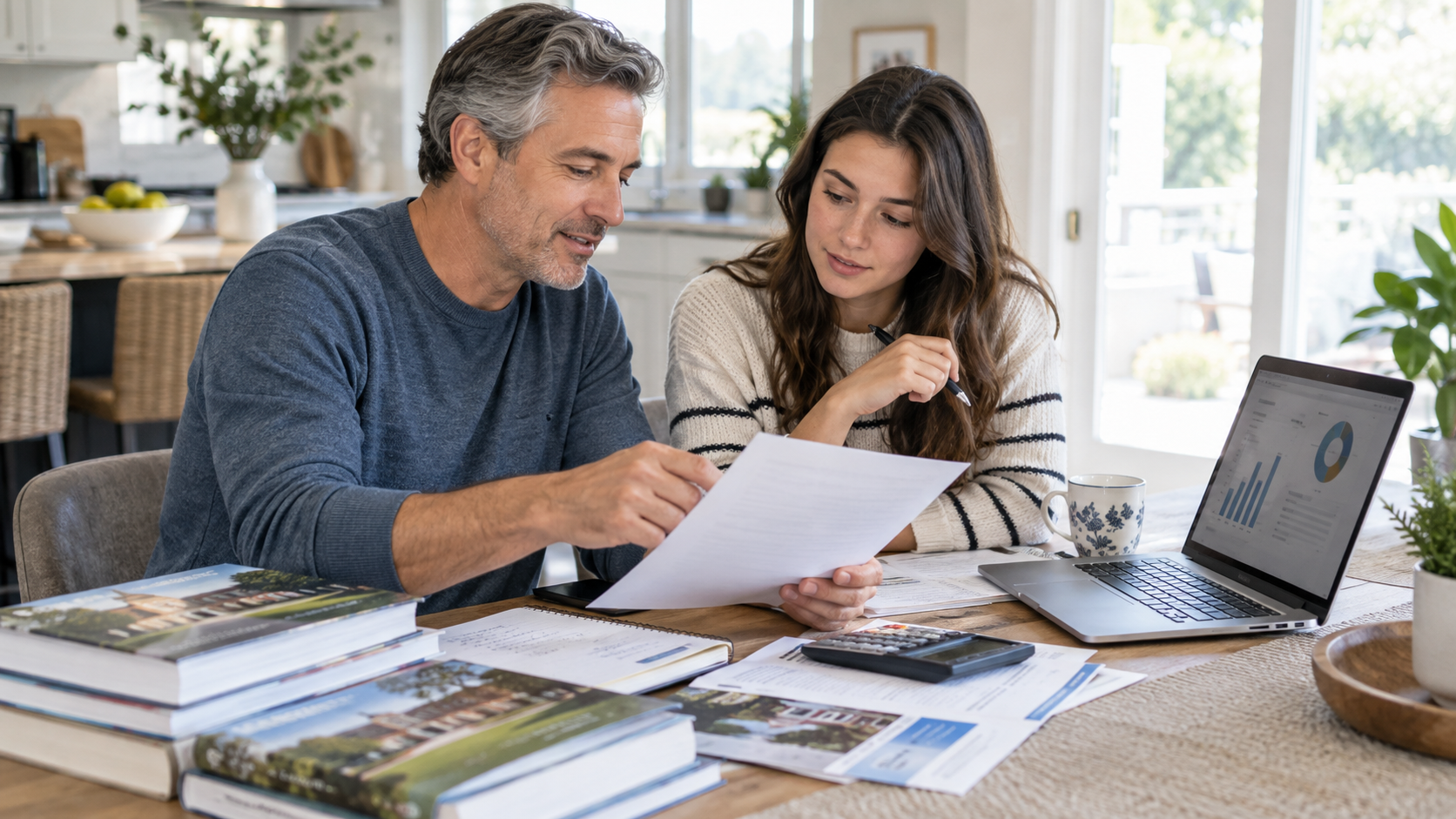 Parents and student reviewing college funding documents and savings plans