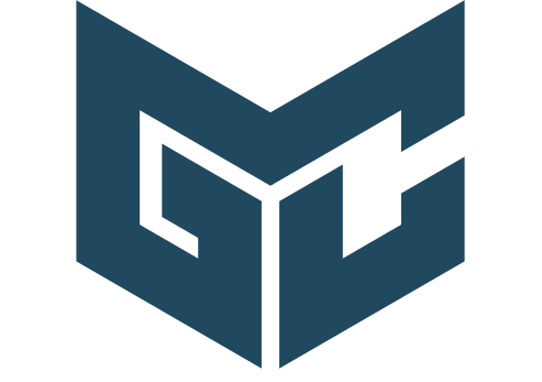 Blue and white geometric logo; possibly initials 