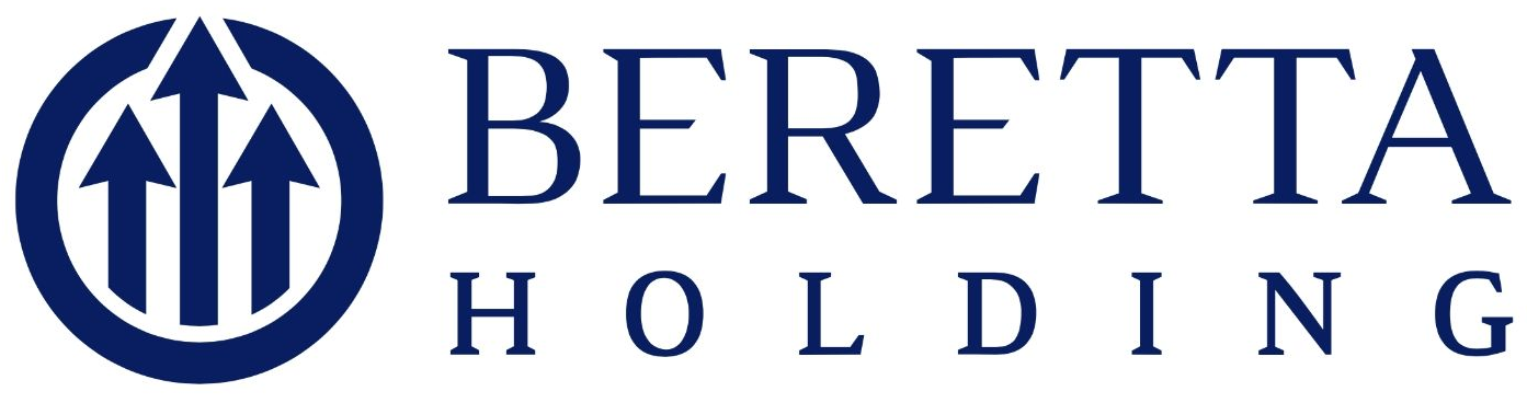 Logotip za Beretta Holding. Moder krog s tremi puščicami navzgor, besedilo »BERETTA HOLDING«.