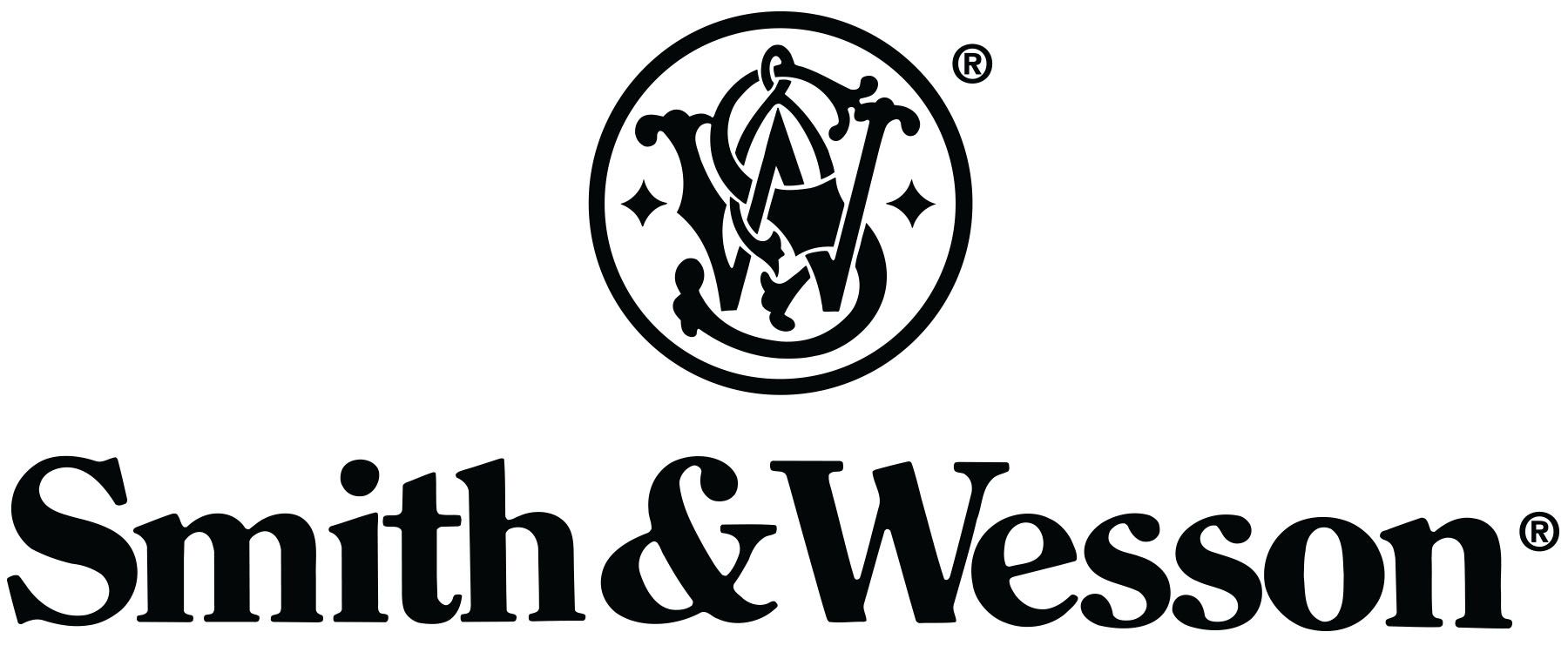 Črno-bel logotip za smith & wesson na belem ozadju.