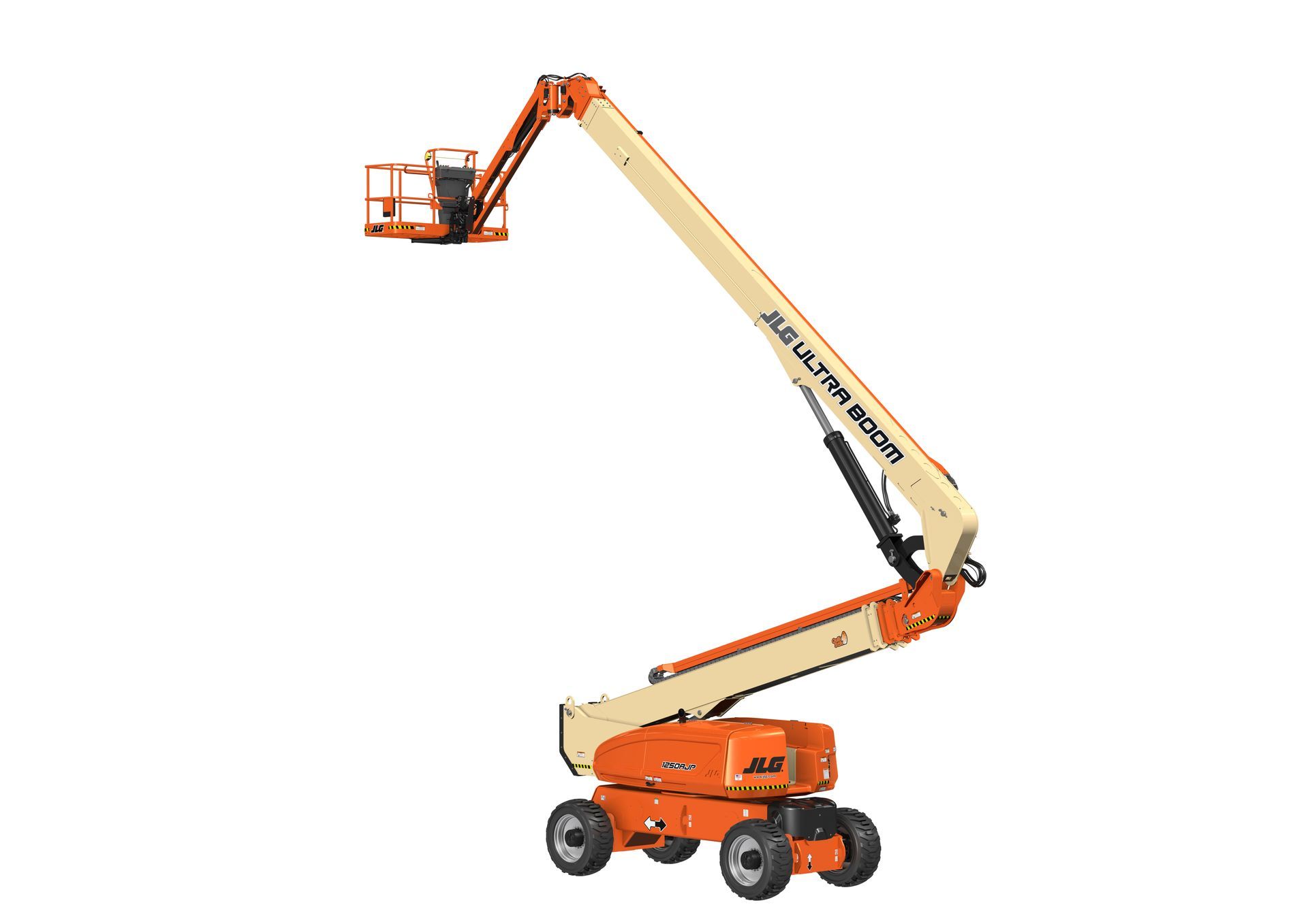 A crane with a long arm is sitting on a white background.
