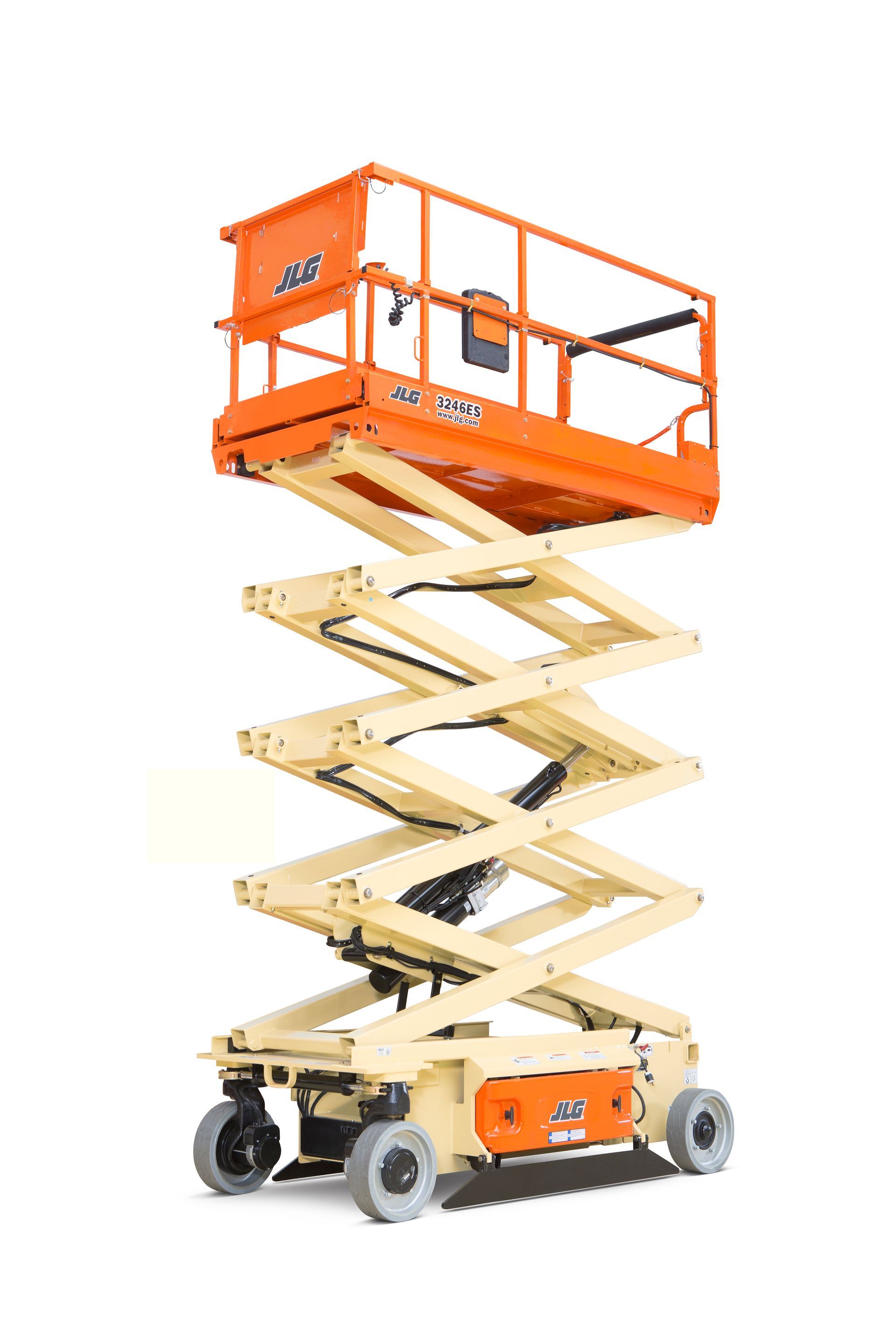 A scissor lift is sitting on top of a white surface.