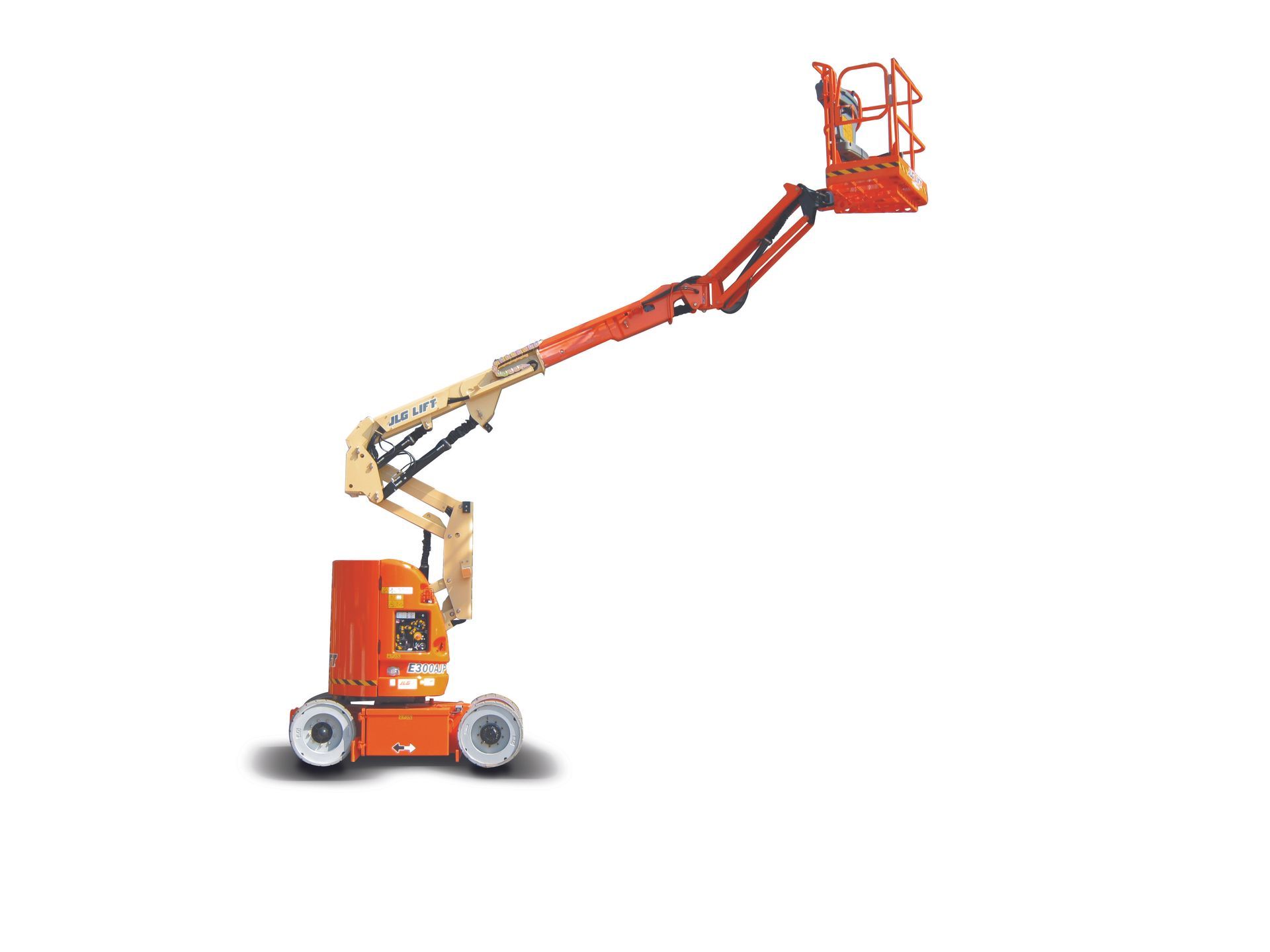 A red and black scissor lift is sitting in a garage.
