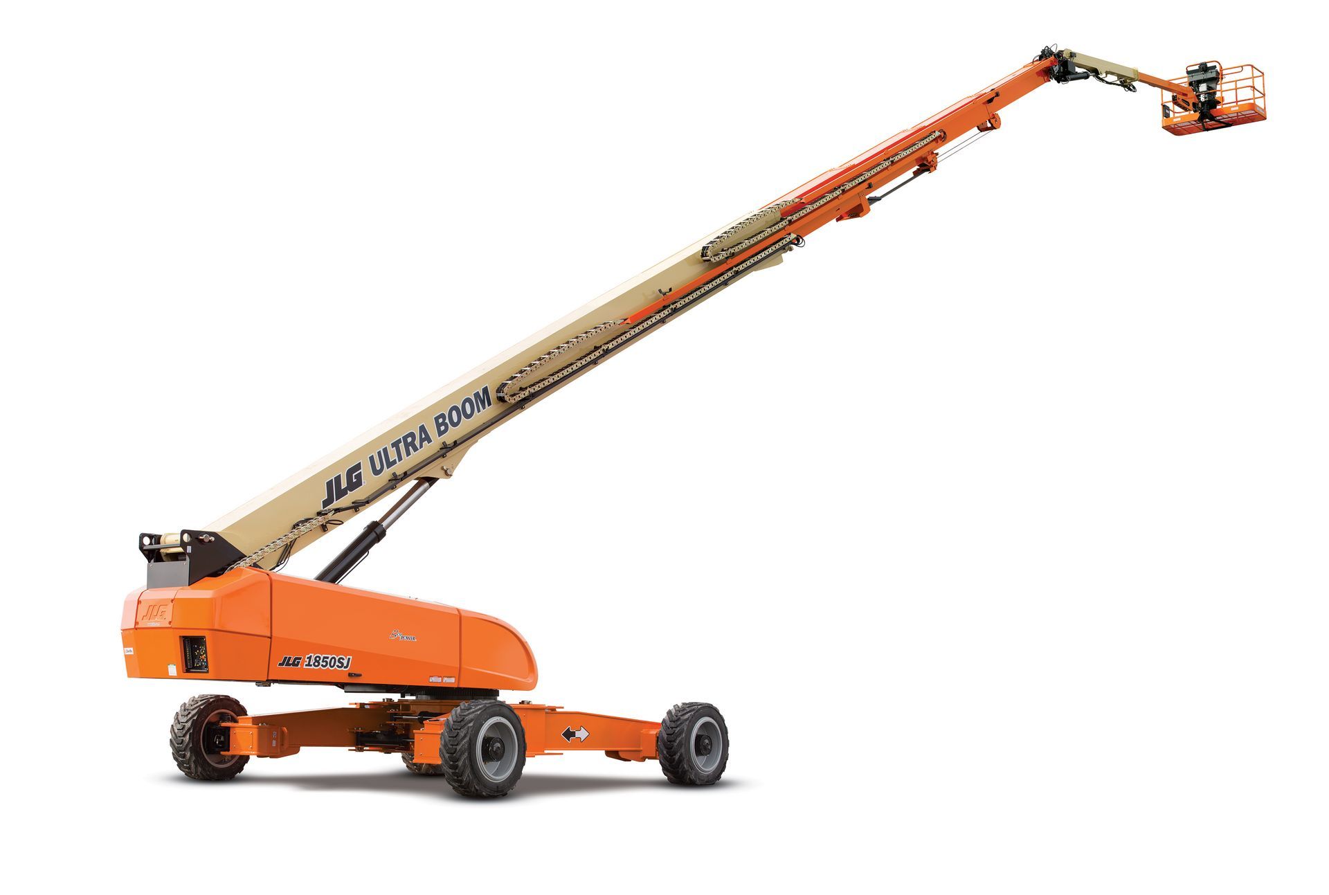 An orange jlg lift is sitting on a white surface.