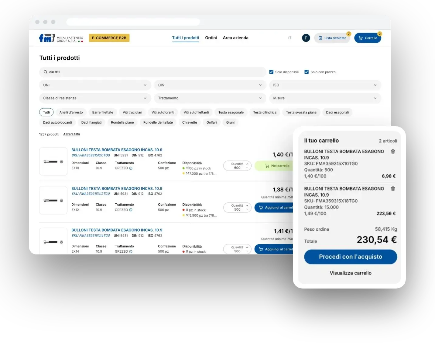 Catalogo del portale B2B con ricerca, filtri per norma e disponibilità degli articoli, e carrello laterale con peso e totale