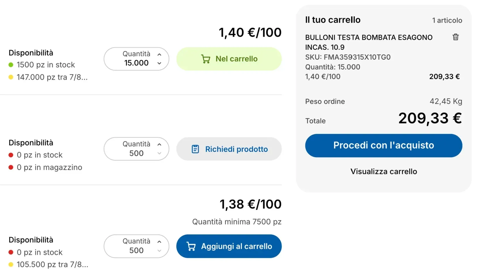 Righe del catalogo con il prezzo riservato e il carrello con peso e totale