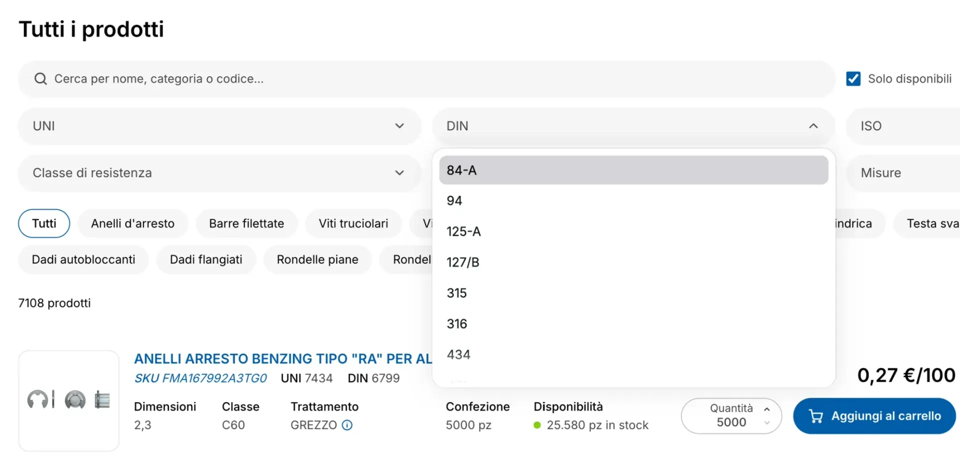 Catalogo del portale con i filtri per norma aperti sul menu DIN