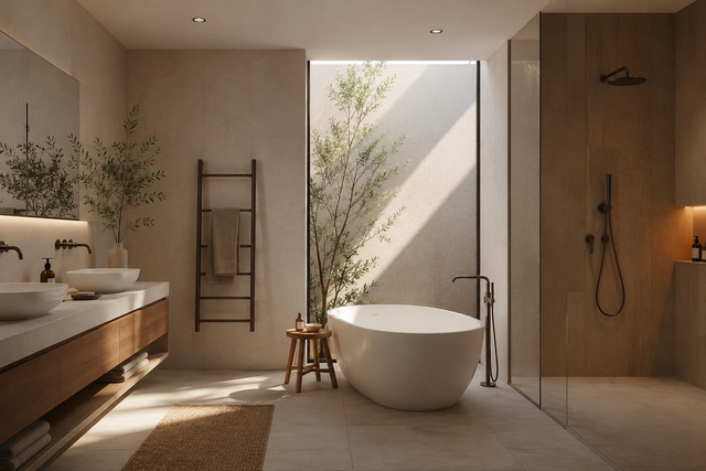 Modern spa bathroom with freestanding tub, wood vanity, and sunlight through a large window