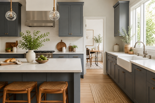 Bright modern kitchen with gray cabinets, white island, woven stools, and large windows over the sink.