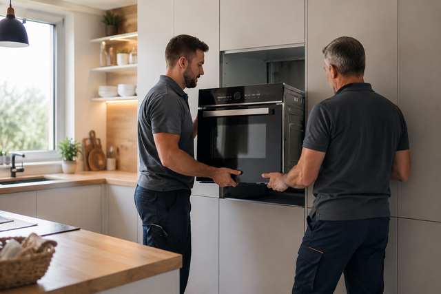 Two men installing a stainless steel oven in a modern kitchen