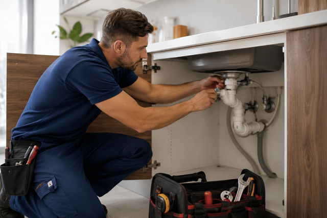 Plumber kneeling under a sink, tightening pipes with tools beside him in a kitchen cabinet.