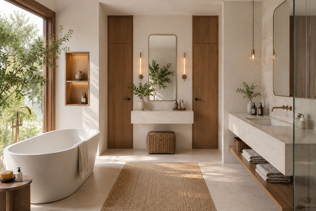 Modern spa bathroom with freestanding tub, double vanity, warm wood accents, and soft natural light