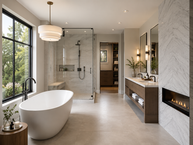 Modern luxury bathroom with freestanding tub, glass shower, marble walls, vanity, and fireplace