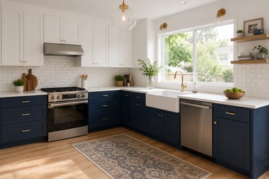 Bright kitchen with navy lower cabinets, white uppers, stainless appliances, large window, and patterned rug
