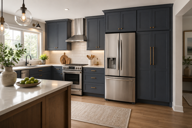 Modern kitchen with navy cabinets, stainless steel appliances, white countertops, and a large island