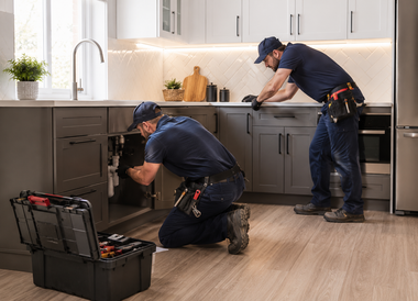 Two plumbers fixing kitchen cabinets, with tools on the floor and an open toolbox nearby.