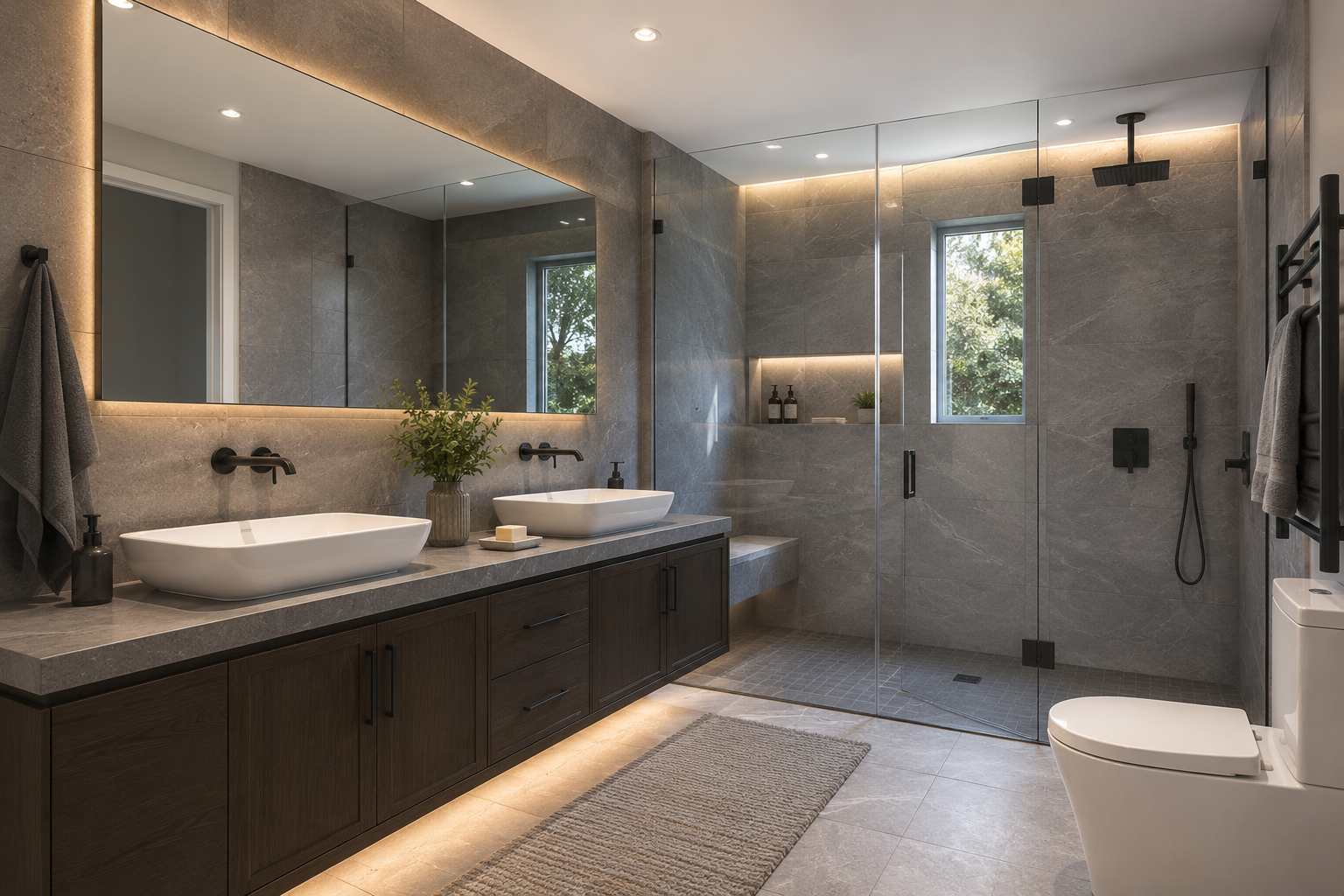Modern gray bathroom with double vanity, large mirror, walk-in shower, and toilet