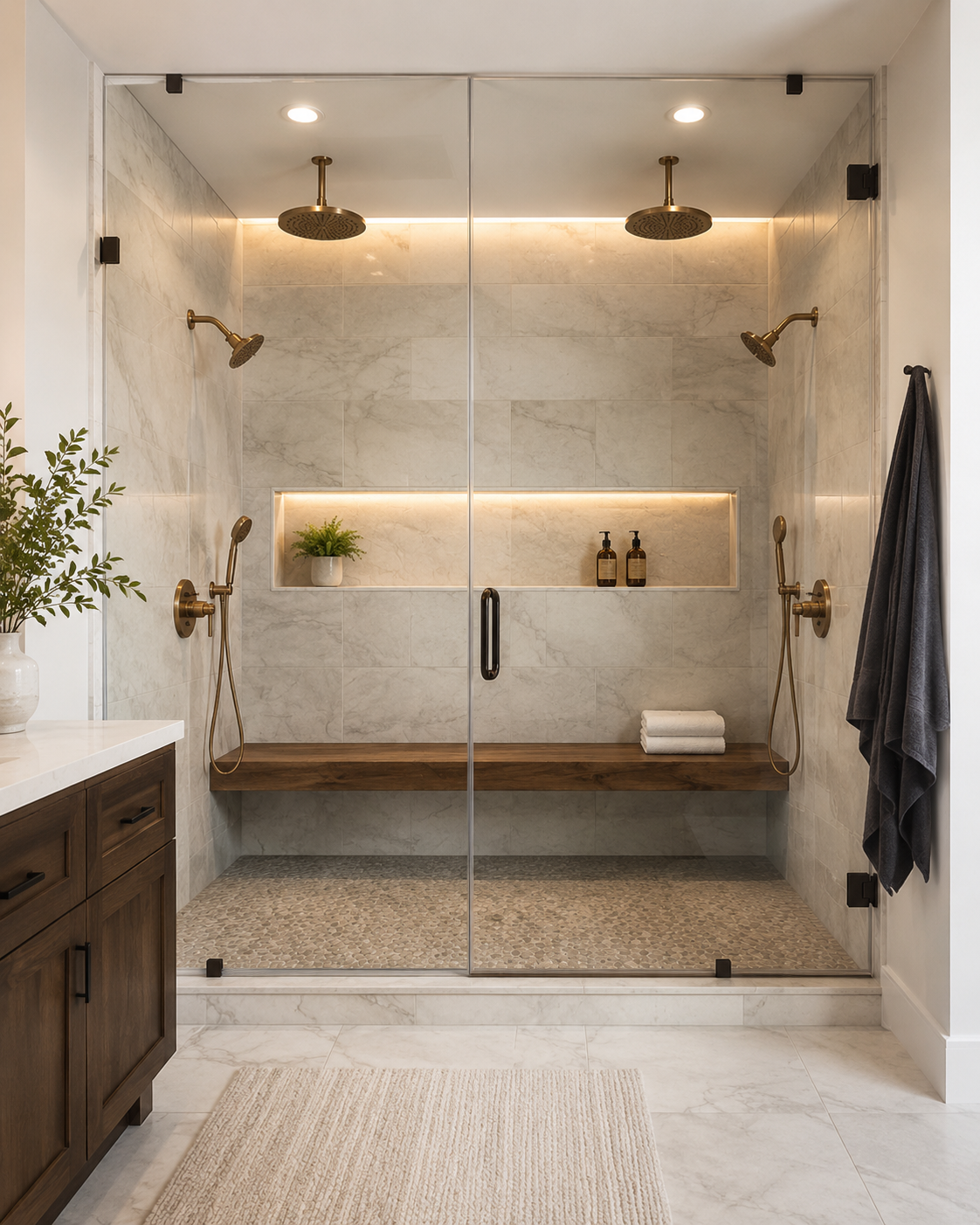 Modern glass shower with twin rainfall heads, built-in bench, and neutral stone tile in a bright bathroom