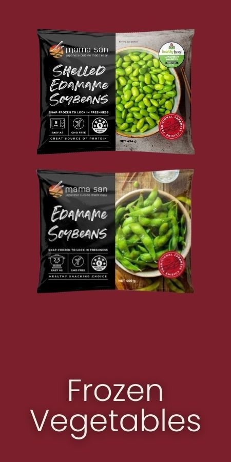 Two bags of frozen edamame soybeans stacked against a dark red background with the text 
