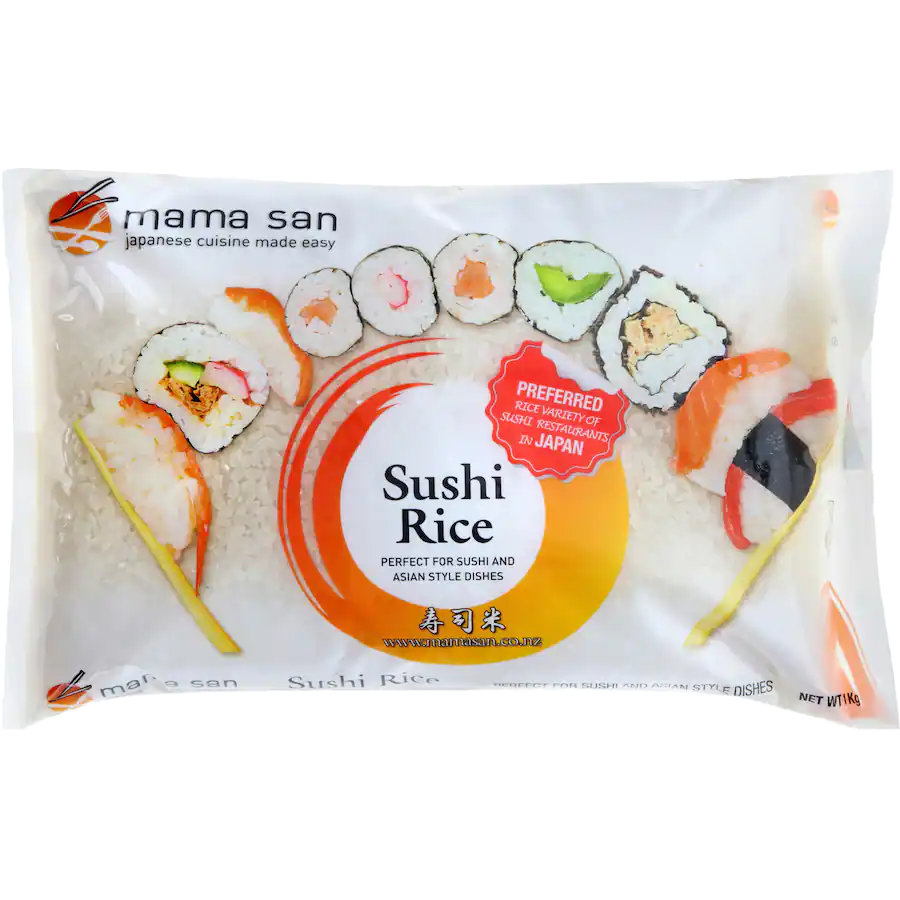 Mama Sarp sushi rice package with sushi illustrations on a white bag, orange center label