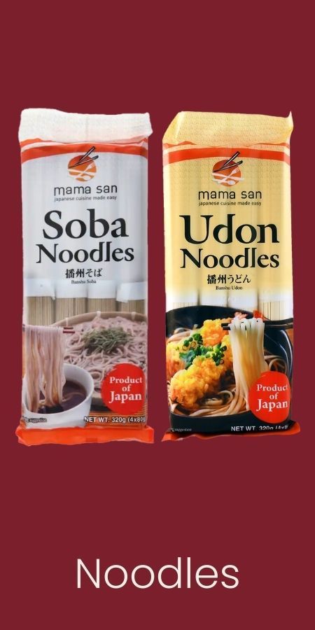 Two packages of Mama San noodles, one Soba and one Udon, against a maroon background with the word 