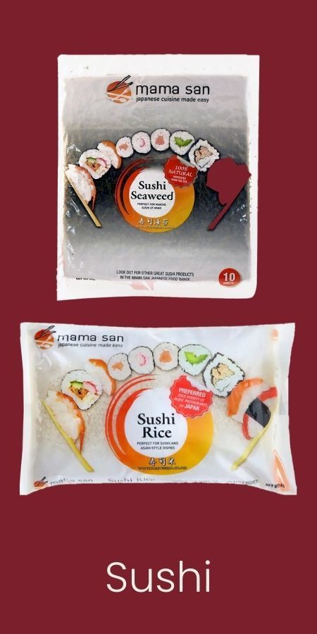 Mama San sushi seaweed and sushi rice packages arranged vertically against a dark red background.
