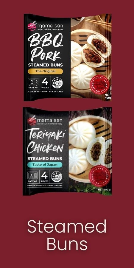 Two packages of Mama San steamed buns, BBQ Pork and Teriyaki Chicken, displayed against a dark red background.