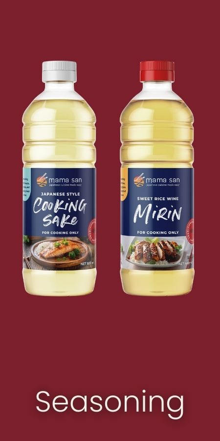 Two bottles of Mana San seasoning, Cooking Sake and Mirin, on a maroon background labeled 