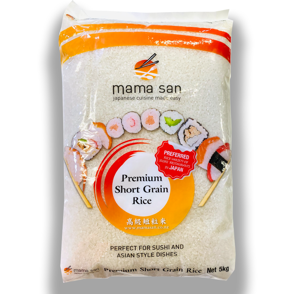 A 5kg bag of Mama San Premium Short Grain Rice, featuring a sushi graphic and orange branding, for sushi and Asian dishes.