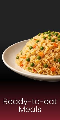A plate of vegetable fried rice with peas, carrots, and corn, displayed above the text 