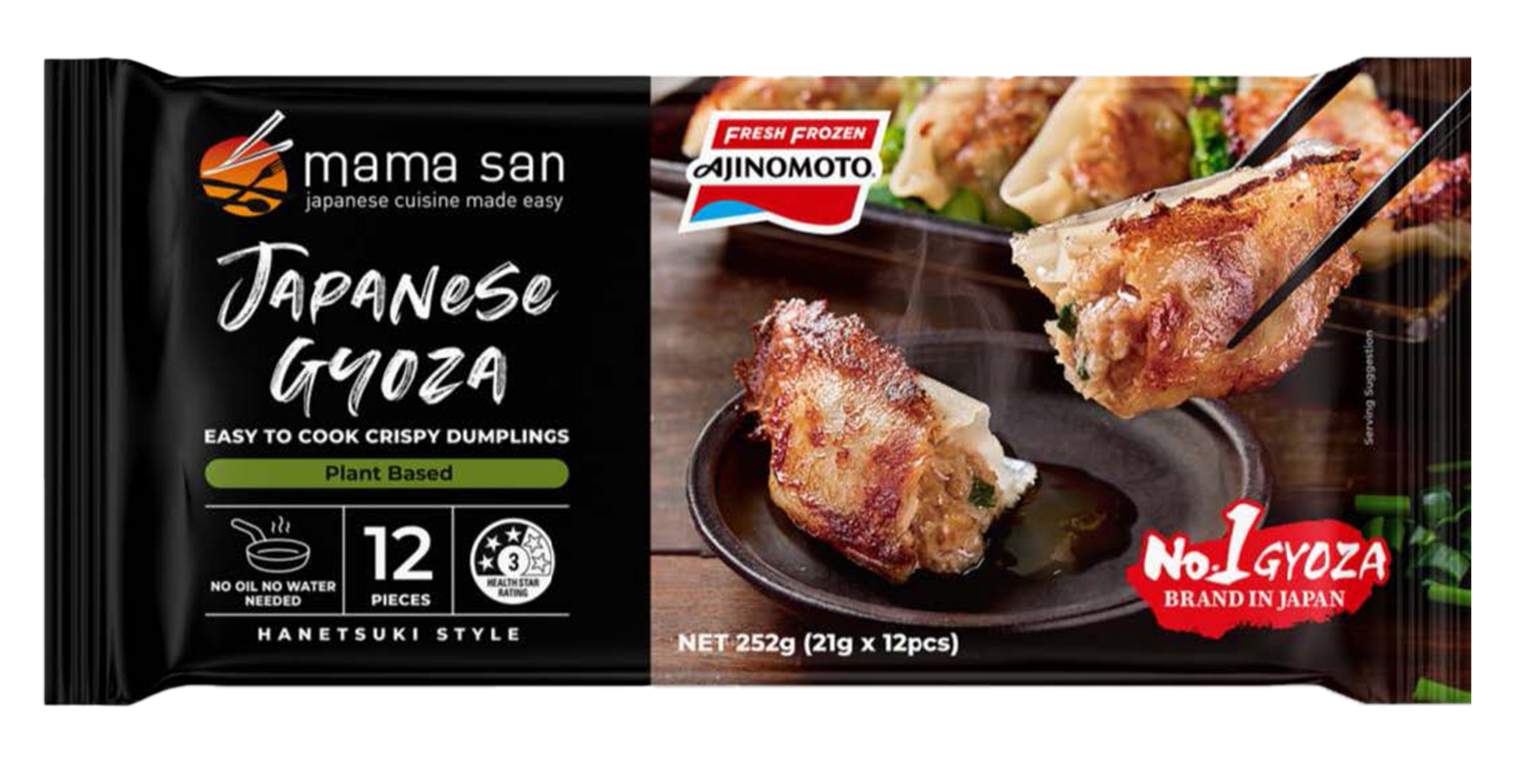 Mama San Japanese gyoza package: Easy-to-cook dumplings. Black package with dumplings and chopsticks. Contains 12 pieces.