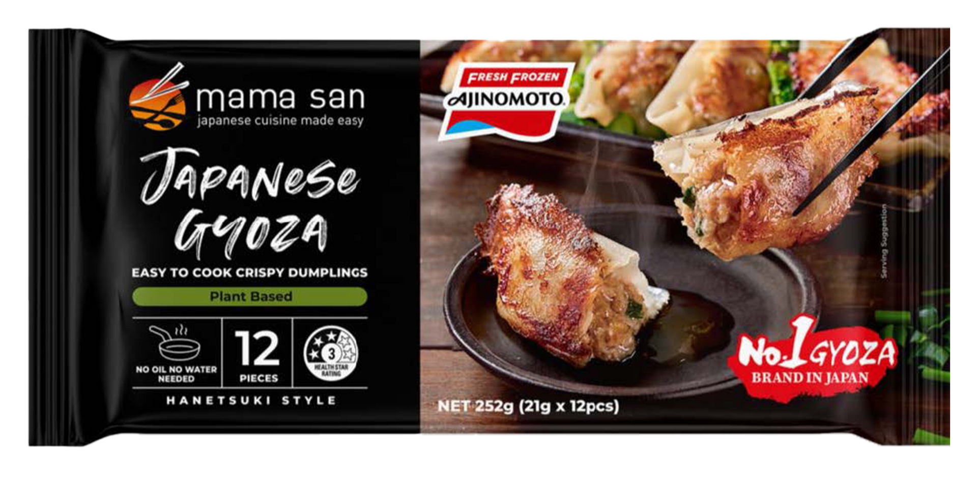 A package of Mama San Japanese Gyoza, showing crispy dumplings on a dark plate, with Ajinomoto branding.