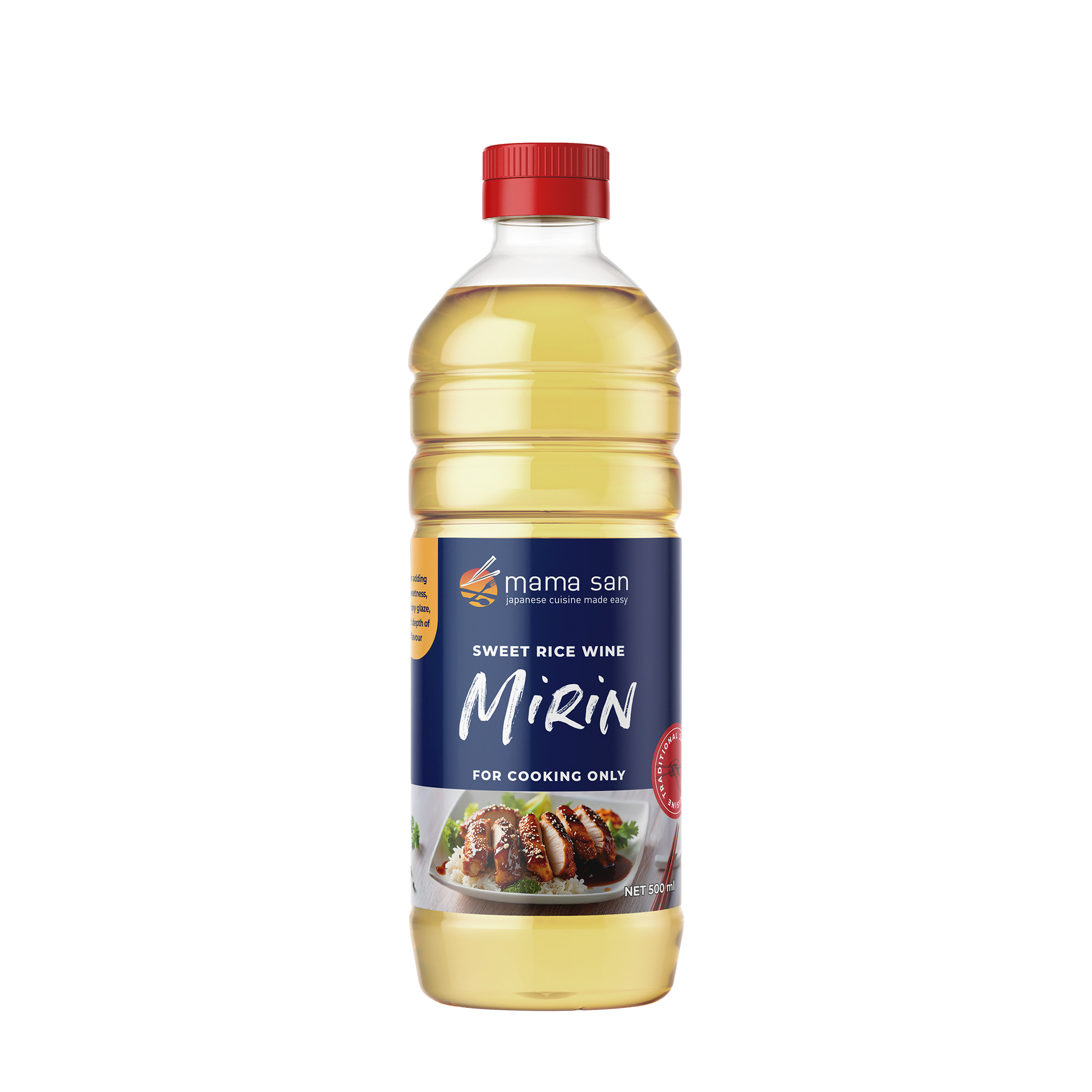 A clear plastic bottle of Mama Sio brand sweet rice wine mirin with a red cap, set against a plain white background.